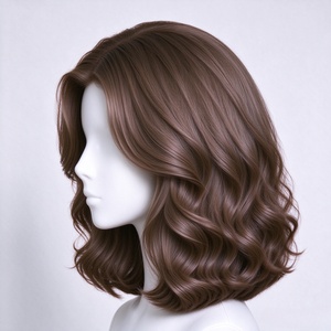 Short Ash Brown Fiber <b>Wig</b> Soft Curl <b>Synthetic</b> Hairpiece Natural Hairline Glueless Shoulder Length for Daily Wear - Product Image 4