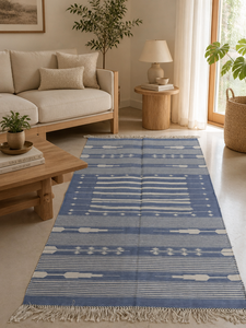 Indian Handmade Cotton Flat Weave Area <b>Rug</b> Blue <b>White</b> Striped Tribal Geometric Kilim Dhurrie Carpet with Fringe for Living Room - Product Image 3