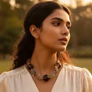Collier statement pour femme en or plaqué, orné de perles et de pierres précieuses, avec chaîne à maillons géométriques en diamant - Product Image 1