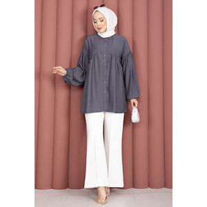 Blouse décontractée automne/hiver à manches ballon, tunique froncée en mousseline gris fumé pour femme, taille XL, printemps/été - Product Image 3