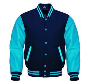 Premium Unisex Letterman Baseball Varsity Jacket Genuine Leather <b>Wool</b> Canvas Windproof Hooded Cotton Lining <b>Yellow</b> Sea Blue - Product Image 4