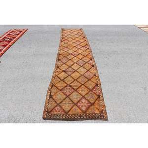 Alfombra Turca Vintage de 2.7x12.6 pies (81x383 cm), Alfombra Herki Naranja Marrón Ombré - Product Image 1