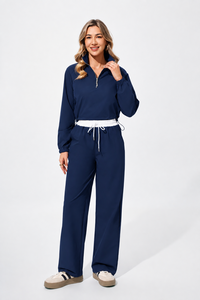 Conjunto JELEEY de Top Corto y Pantalones Largos sin Costuras, Cintura Alta Elástica, Color Sólido, Bolsillos Laterales, Transpirable, Spandex/Poliéster, con Cordón Ajustable - Product Image 2