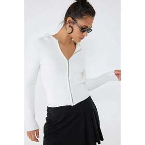 Ecru <b>Hooded</b> Zip-Up <b>Knit</b> <b>Cardigan</b> - Product Image 3