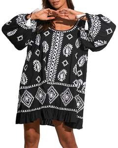 Impresionante Top de manga larga bordado de rayón 100% con puños con borlas y cuello redondo con volantes Características de talla grande - Product Image 1