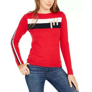 Cardigan da donna Tommy Hilfiger stile preppy a righe rosse color block, altamente traspirante, taglia XL - Product Image 1