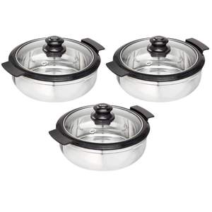 Clarion Jr Ensemble cadeau en acier inoxydable Ensemble de chauffe-plats et d'ustensiles de 3 pièces avec couvercle en verre Roti Box Chapati Keeper Casserole Set - Product Image 1
