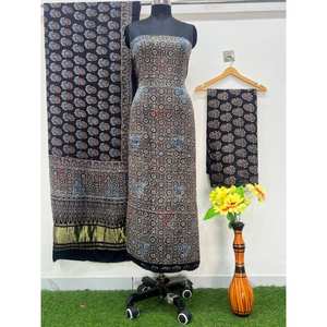 ผ้าไหมโมดอลสีดำลายอัจรักพิมพ์มือย้อมสีธรรมชาติทรงเอไลน์สำหรับตัดชุดผู้หญิงลายดอกไม้ - Product Image 2