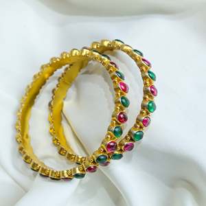 Aasma 925 Silver Bangles with <b>Ruby</b> & Emerald Kempu Stone Gold Plated Single Piece Fashion Bangle - Product Image 3