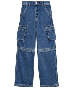 Manufacturer Customized Women High Waist <b>Wide</b> <b>Leg</b> Denim <b>Cargo</b> Pants Blue Multi Pocket Streetwear Casual Fashion Jeans - Product Image 1