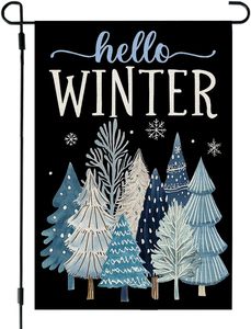 Drapeau de jardin personnalisé avec logo, 12x18 pouces, double face, arbres bleus, polyester, Hello Winter, pour la décoration - Product Image 1
