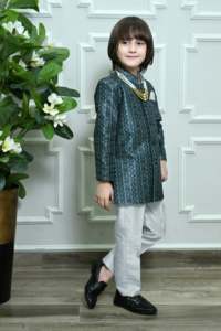Sherwani moderne en soie ethnique pour garçons, tenue traditionnelle pour mariage et fête avec une finition élégante - Product Image 3