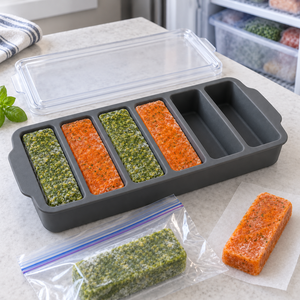 Plateau de préparation pour le déjeuner avec couvercle transparent, six compartiments en silicone couleur charbon pour riz cuit, purées de légumes et sauces maison - Product Image 3