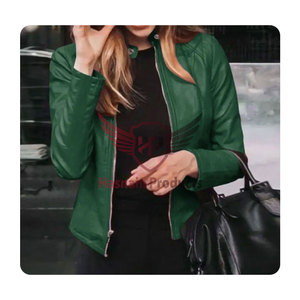 Nouvelle veste de motard pour femme en cuir véritable vert, col montant, en peau de mouton, fermeture éclair frontale, coupe ajustée, panneaux sur mesure, vêtement d'extérieur chaud - Product Image 2