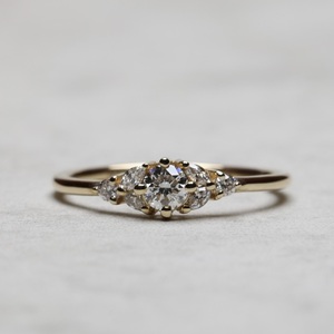 6mm Round Cut <b>CZ</b> Engagement <b>Ring</b> with Cluster Side Stones Gold Tone Band Dainty Bridal <b>Ring</b> - Product Image 1