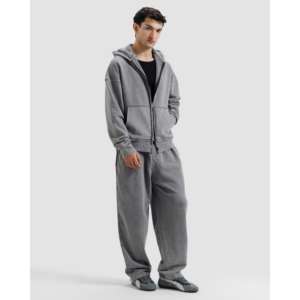 Sudadera con capucha extragrande de felpa francesa 100% algodón, lavada y deshilachada, con cremallera de cuarto, estilo liso con estampado, técnica de lavado enzimático. - Product Image 1