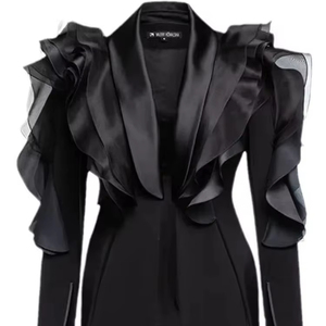 Chaqueta Casual con Volantes de Malla para Mujer, Solapa, Manga Larga, Estilo Holgado, Primavera Otoño 2025 - Product Image 1