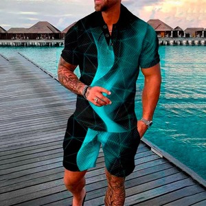 Personnalisé été couleur unie hommes chemise revers short à manches courtes sport décontracté été hommes deux pièces ensemble - Product Image 1