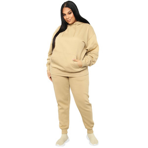 Ensemble de survêtement en molleton d'hiver 100% coton avec logo personnalisé imprimé pour femmes, taille plus, décontracté, uni, sweat à capuche - Product Image 1