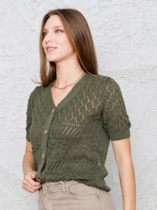 <b>Women's</b> Organic Cotton V-Neck <b>Cardigan</b>-<b>Short</b> Sleeve Pointelle Knit-Sustainable Hollow Blouse Buttons Translucent Ruched - Product Image 6