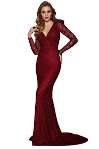 Customized Ladies A-Line Ball Gowns Evening <b>Dresses</b> with Embroidery <b>Long</b> Sleeves V-Neck for Party - Product Image 4