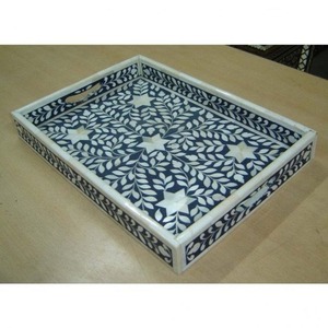 Nouveau plateau de service carré en incrustation d'os, design floral avec deux poignées pour la maison et les ustensiles de cuisine - Product Image 1