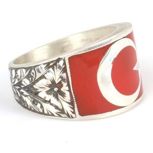 Anillo de Plata de Ley 925 Hecho a Mano con Diseño de Estrella y Luna Creciente Grabado en Rojo, Inspirado en el Islam, para Regalos Religiosos - Product Image 2