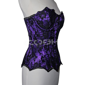 Corset surbuste à baleines spirales en satin violet avec superposition de dentelle florale noire, vente en gros |   Corsets sur mesure par Cosh Intl - Product Image 4