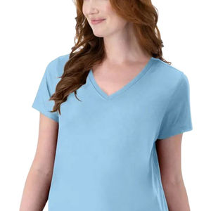 Venta al por mayor por encargo de las mujeres con cuello en V camisetas 100% algodón de alta calidad transpirable suave Casual Tops lona teñida lisa - Product Image 2