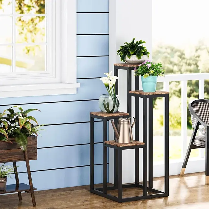 Support de Pot de fleur en fer et en bois au Design moderne, jardinière à cadre noir, support de plante de décoration intérieure, jardinière de Pot de fleur faite à la main.