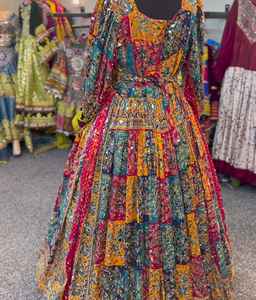 Traditional Afghani Vintage Womens Linen Satin Dress High Slit Ruffles Button <b>Detail</b> Bold Color Unique Embroidery Natural - Product Image 4