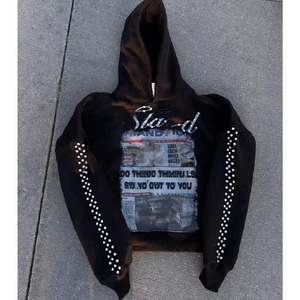 Ensemble de sweat-shirt à capuche personnalisé pour homme, imprimé à l'écran, lavé, avec pantalon de survêtement à jambes évasées, orné de strass, pour l'hiver - Product Image 6