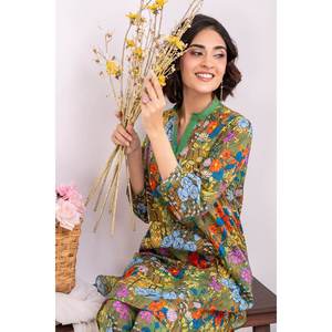 ชุดสูทผ้าลอนพิมพ์ลายสีเขียวสำหรับผู้หญิงแบบ 2 ชิ้น ไม่เย็บติดกัน พร้อมตกแต่งกระดุม - Product Image 2