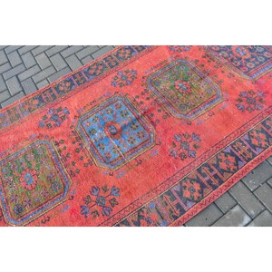 Turkish Vintage Rug, 4.5x11.3 ft <b>Runner</b> Rug, <b>Red</b> Blue Ikat Rug - Product Image 5