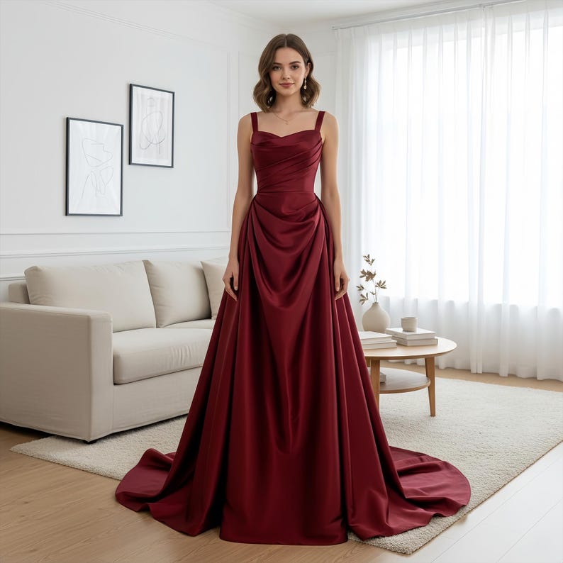 strapless open back dress KELLIE Corset Satin Prom Dress in WINE main image 1