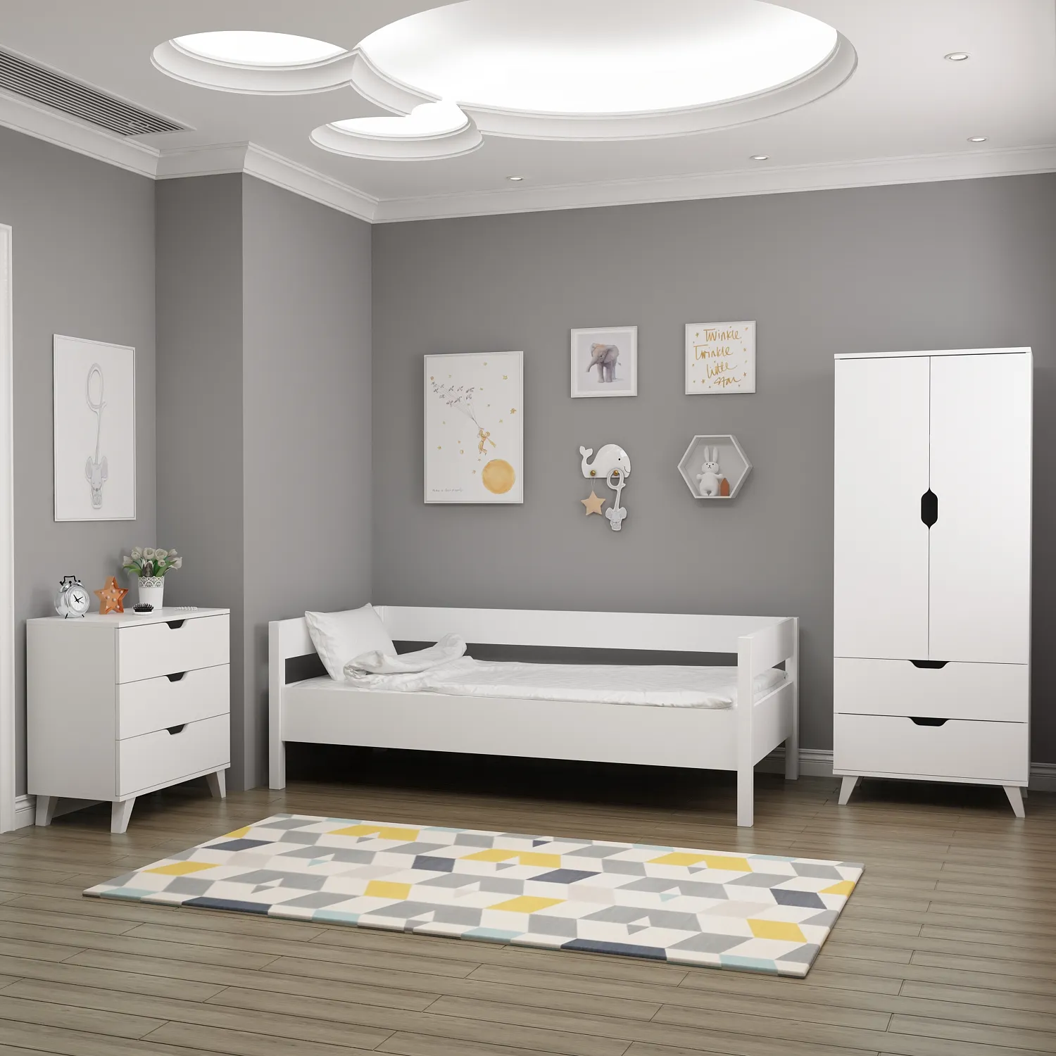 Ergonomic VALENCIA Set White A Three-drawer Chest of Drawers Cabinet With Doors Wardrobe Luxury Style Kids Room Home Furniture