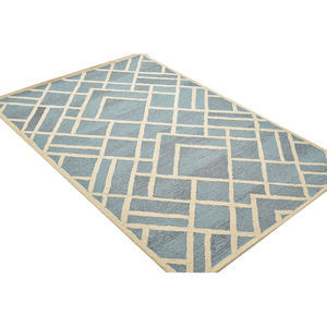 Modern <b>Abstract</b> Geometric Asymmetrical Maze Hand Tufted Woolen Carpet Linear Plaid Patchwork Blue and Beige Area <b>Rug</b> - Product Image 4