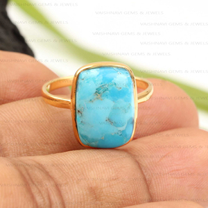 Trendy 925 Sterling <b>Silver</b> 18K Gold Plated Eternity Vermeil Accent Jewelry Arizona Turquoise Gemstone Ring 10x14mm Cushion Shape - Product Image 3