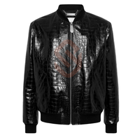 Blouson Bomber en Cuir Noir pour Homme avec Imprimé Croco Exotique Véritable, Hiver, Capuche, Matelassé, Cuir de Luxe, Style Collège pour Garçons