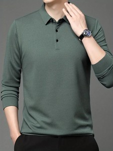 Polo à manches longues décontracté pour hommes Nouveau tissu en tricot de polyester 100% respirant de couleur unie élégante pour toutes les saisons - Product Image 2