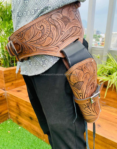 Hot Selling Custom Handmade <b>Tooled</b> Genuine <b>Leather</b> Western Cowboy Compatible Open Toe Double Rig Adjustable Belt Hunting Holster - Product Image 4