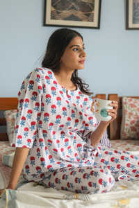 Juego de dormir con estampado de bloques de algodón transpirable hecho a mano, ropa de dormir de calidad de exportación para el verano, precio bajo para minoristas globales - Product Image 2