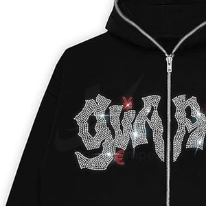 High Quality Screen Print With Rhine Stone <b>Zip</b> Up <b>Hoodie</b> For Men's 100%Cotton 450GSM Flees Wholesale and Customized - Product Image 6