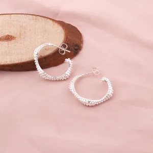 Designer solid plain polished mesh silver hoop earring brass metal earring birthday gift for women jewelry small dot mini hoops