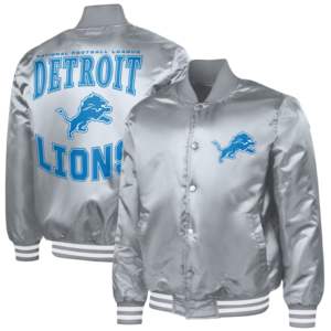 Chaqueta universitaria de béisbol personalizada para hombre, estilo Letterman, de G-III Sports by Carl Banks, color gris, de los Detroit Lions, con cierre completo adaptable. - Product Image 1