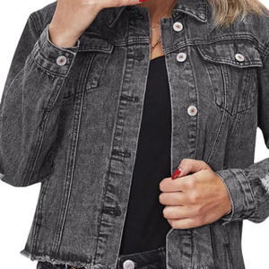 Otoño Vintage de alta calidad para mujer, chaqueta vaquera negra deshilachada, ropa de calle, pantalones cortos holgados de talla grande para chaquetas vaqueras - Product Image 5