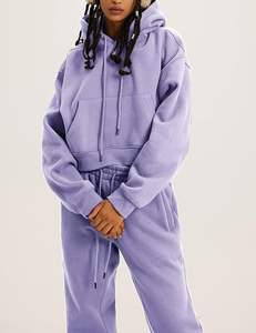 Women's Oversized 2-Piece Fleece Tracksuit Set Crop Top and Pants with Long Drop Shoulder Button Decorated <b>Hoodie</b> <b>Blankets</b> - Product Image 4