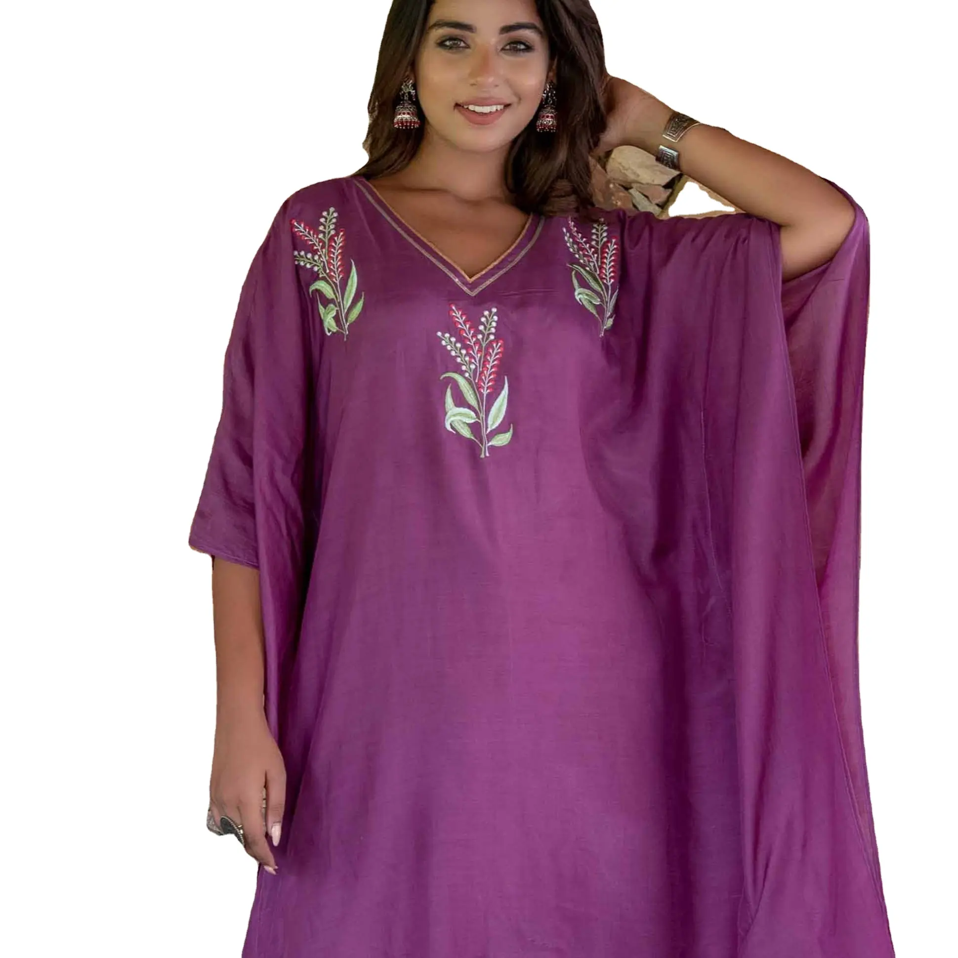 New Women Embroidered V-Neck Lace Up Three Quarter Sleeve Floral Knit kaftan