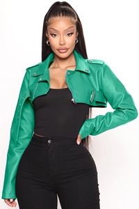 Kelly vert culture Faux cuir vestes vêtements d'hiver pour femmes col montant fermeture éclair avant Moto motard à manches longues femmes vestes - Product Image 3
