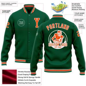 Chaqueta Vintage Varsity personalizada para hombre, para Kelly Green Orange-White Full-Snap Bomber Style para ropa de calle de invierno o cortavientos - Product Image 2